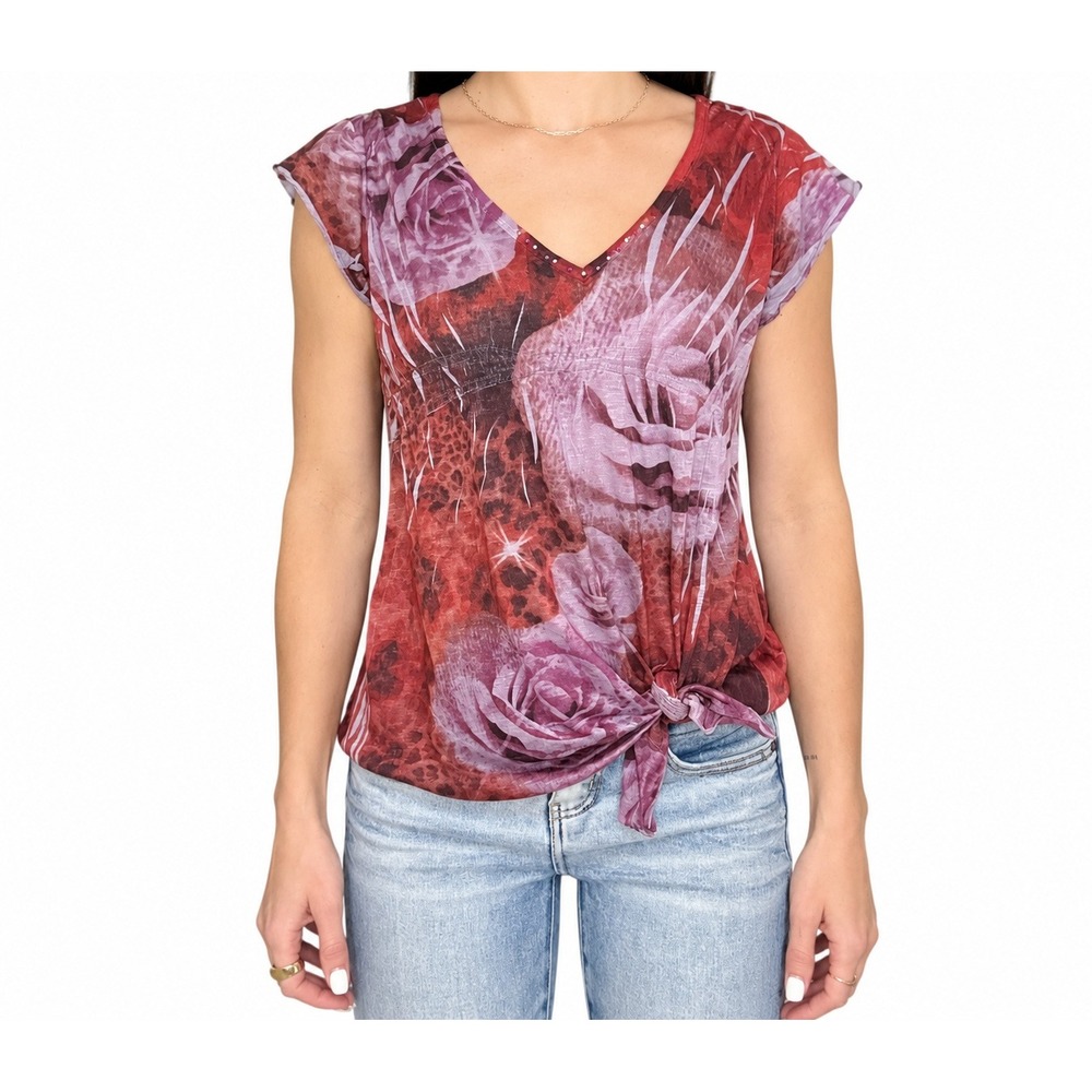 Y2K Floral Tie Front Top Rhinestone V-Neck Red Purple